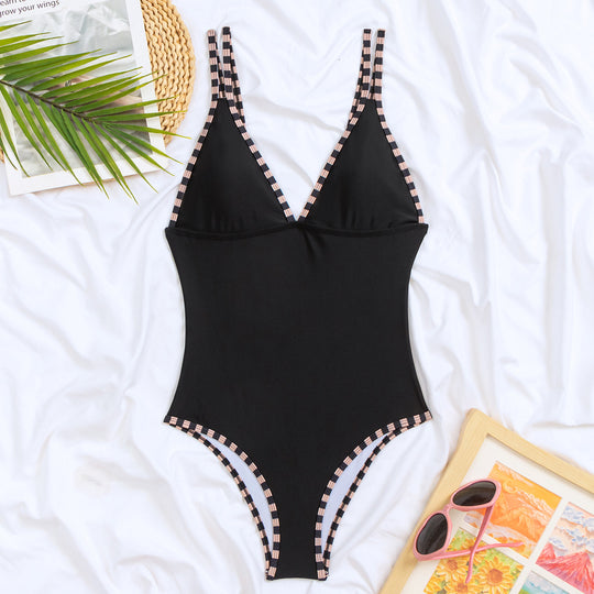 Damen Eleganter Einteiler Badeanzug mit stylischem V-Ausschnitt und Karodetails EB