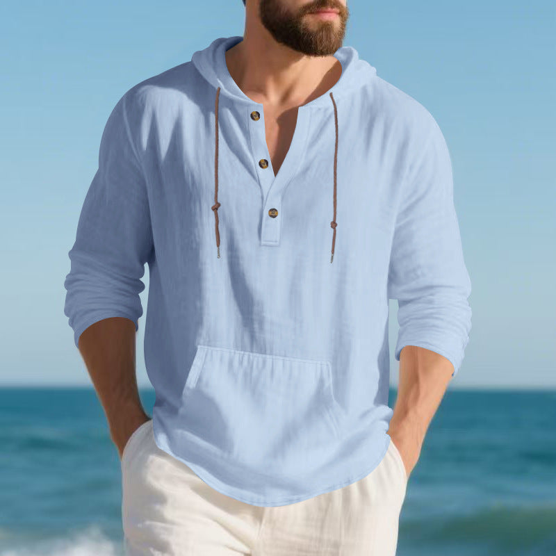 Herren nan leichtes Leinen-Henley-Kapuzenoberteil mit Kängurutasche und lässigem Relax-Fit EB