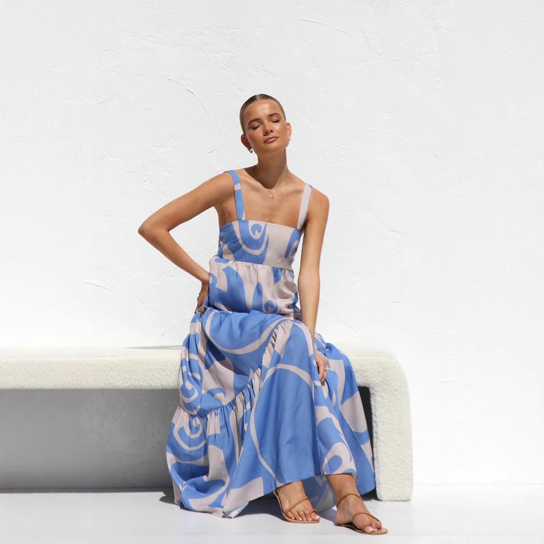 Damen Maxikleid mit modernem grafischen Muster und luftigen Volants EB