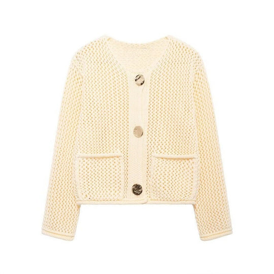 Damen luftige Strickjacke mit durchbrochenem Muster und praktischen Taschen EB