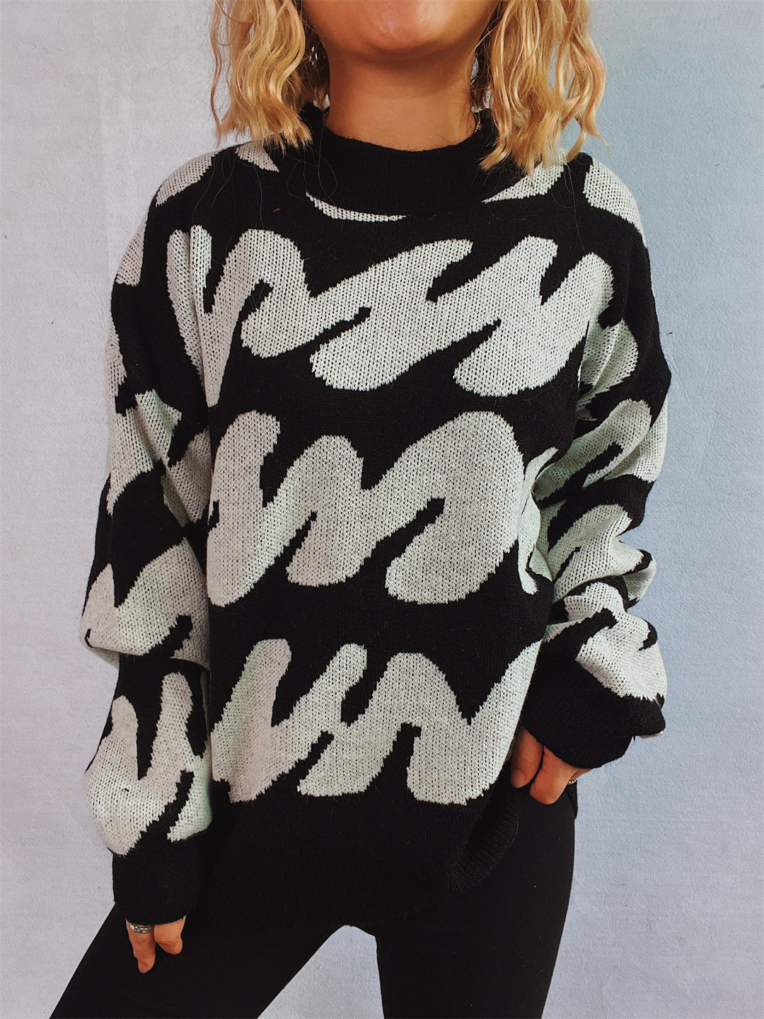 Damen lässiger Pullover mit modernem Farbblockdesign und voluminösen Ärmeln EB
