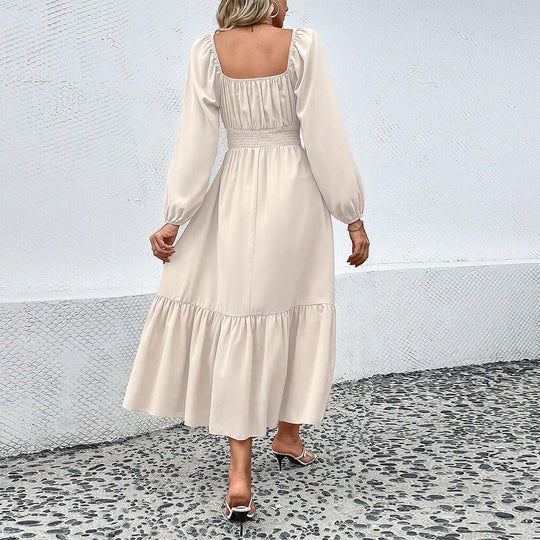 Damen gerafftes Midikleid mit Smok-Taillenbund, eckigem Ausschnitt, langen Puffärmeln und stufigem Volantrock Eichborn Berlin
