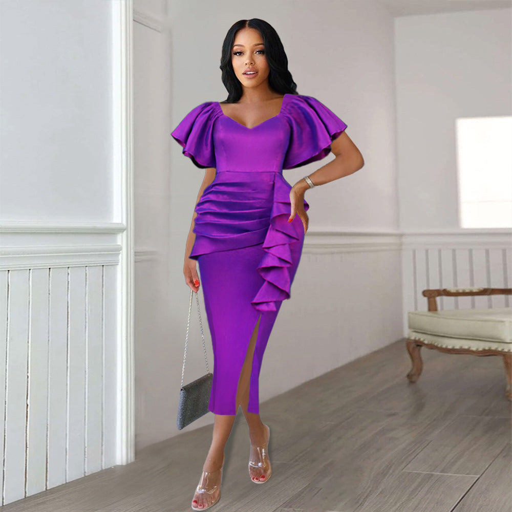 Damen Elegantes Maxikleid mit voluminösen Ärmeln und asymmetrischem Rüschen-Design EB