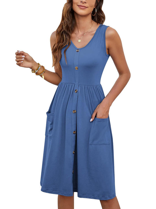 Damen Knielanges Sommerkleid mit Knopfdetails und praktischen Taschen EB