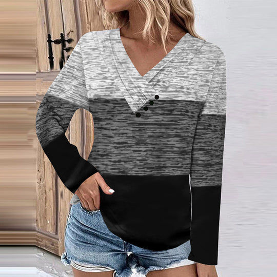 Damen Gerippter V-Ausschnitt Pullover mit Farbverlauf, Zierknöpfen und legerer Passform EB