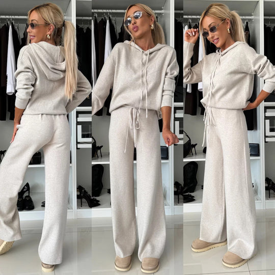 Damen nan luxuriöses Feinstrick-Loungewear-Set mit Kapuzenpullover, elastischem Komfortbund und fließendem Wide-Leg-Hosenbein EB