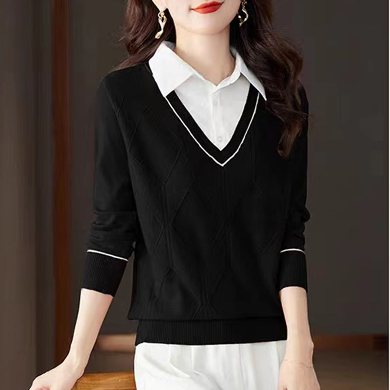 Damen gestrickter Pullover mit v-ausschnitt und strukturiertem Diamantmuster EB