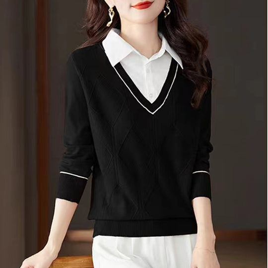 Damen gestrickter Pullover mit v-ausschnitt und strukturiertem Diamantmuster EB