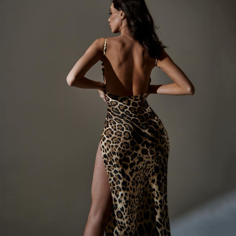 Damen Elegantes Maxikleid mit Leopardenmuster und sexy Schlitz EB