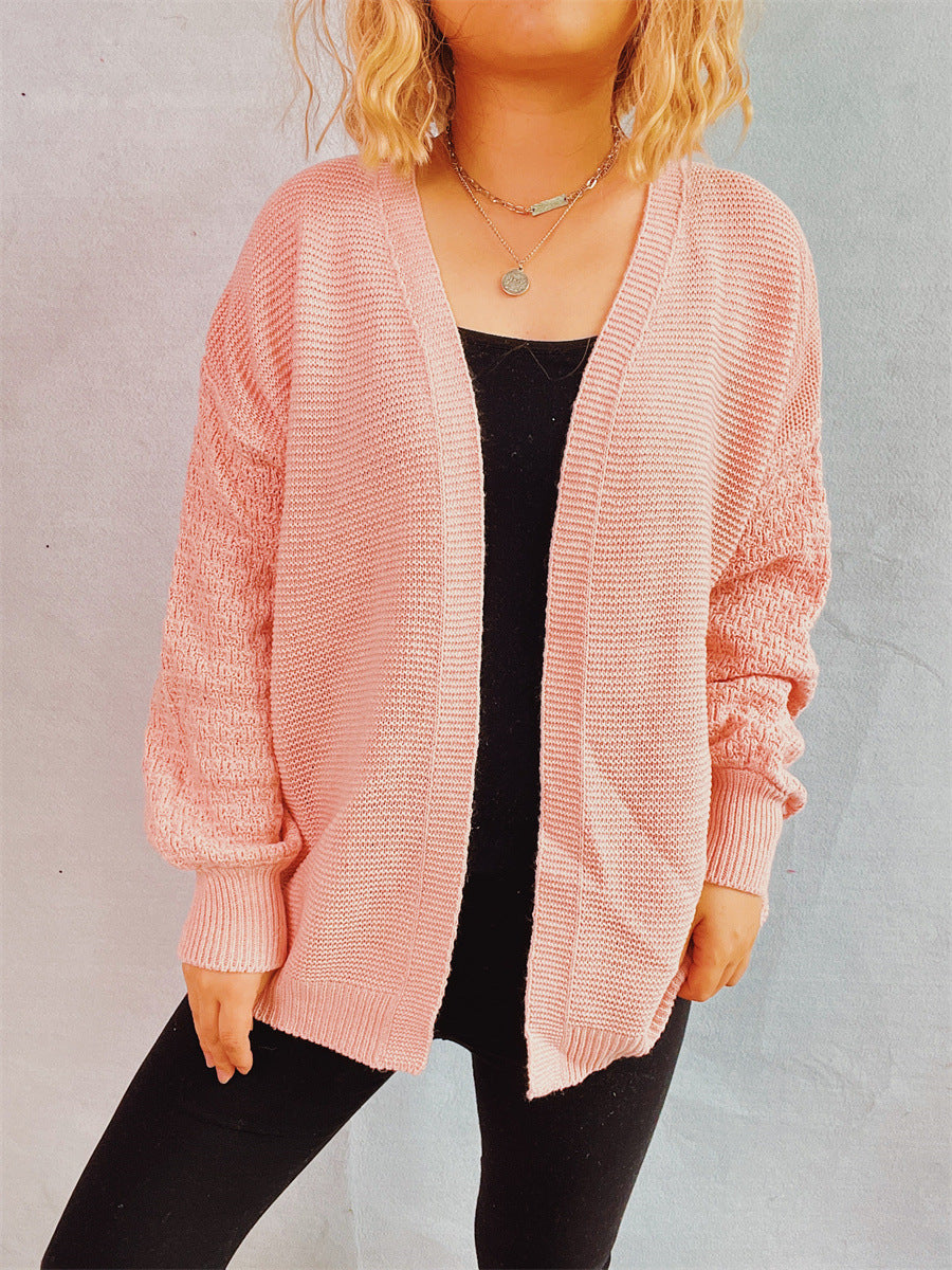 Damen lässige Strickjacke mit voluminösen Ärmeln und modernem Strukturmuster EB