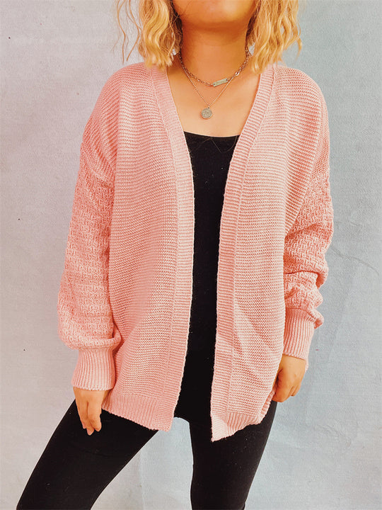 Damen lässige Strickjacke mit voluminösen Ärmeln und modernem Strukturmuster EB