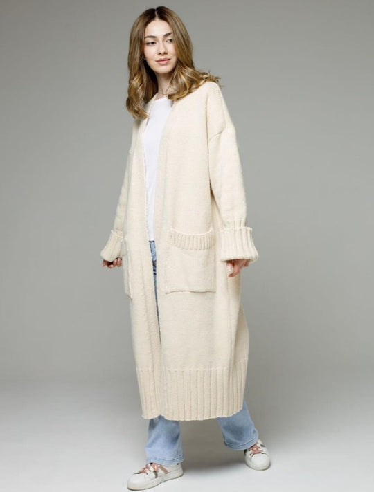 Damen bequemer langer Strickcardigan mit Taschen und breiten Ärmeln EB