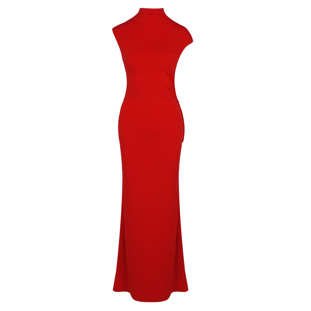 Damen stilvolles Maxikleid mit asymmetrischem Schnitt und hohem Stehkragen EB
