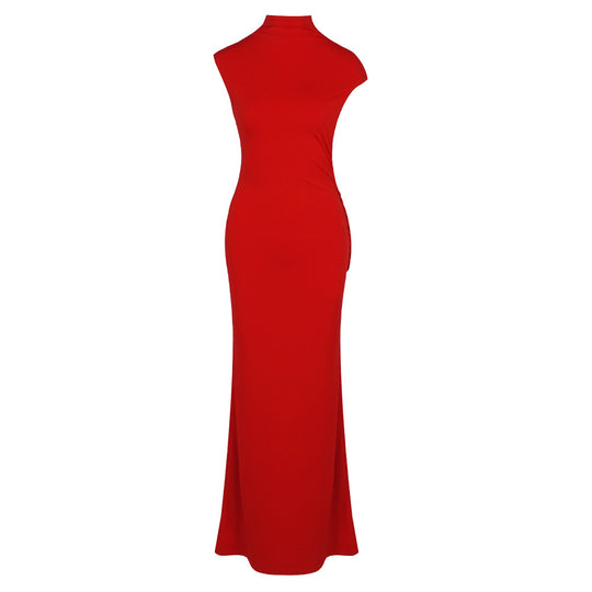 Damen stilvolles Maxikleid mit asymmetrischem Schnitt und hohem Stehkragen EB