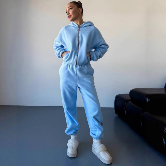 Damen kuscheliges Fleece-Hoodie und Jogginghose Lounge-Set mit Reißverschluss Kapuze elastischem Bund Eichborn Berlin