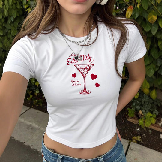 Damen Crop-T-Shirt mit kreativem Cocktail-Print und figurbetontem Schnitt EB