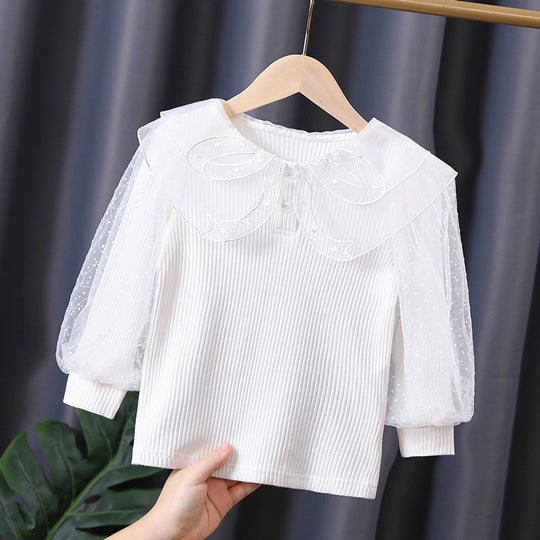 Damen elegante Bluse mit Puffärmeln und Spitzenkragen EB
