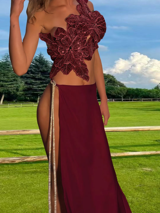 Damen Elegantes Hochzeitskleid mit floraler Applikation und schwingendem Rock EB