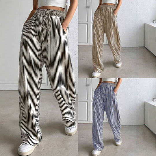 Damen Weit geschnittene Streifenhose mit elastischem Bund und Taschen EB