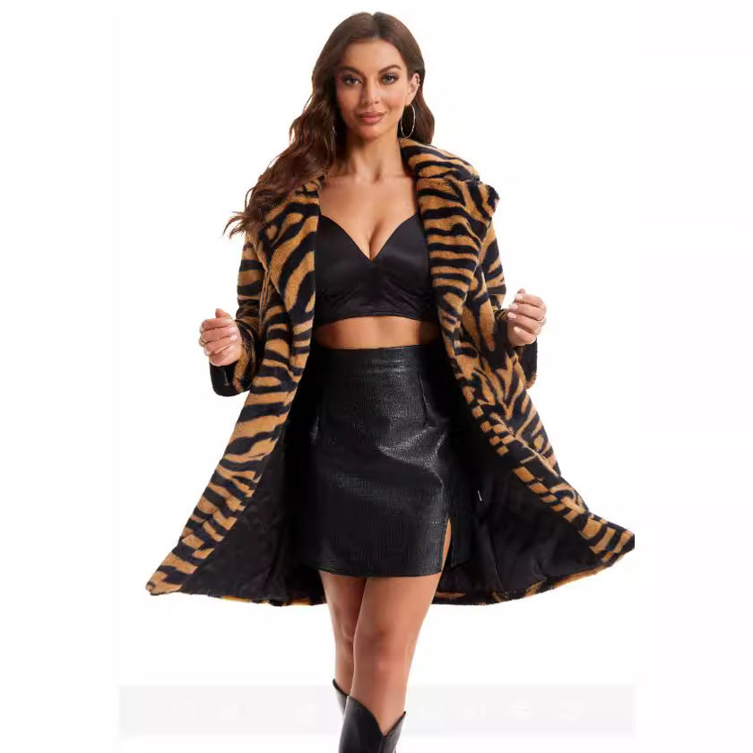 Damen Stylish und flauschiger Kunstfellmantel mit Zebra-Design EB