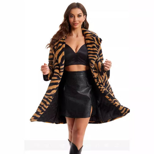 Damen Stylish und flauschiger Kunstfellmantel mit Zebra-Design EB