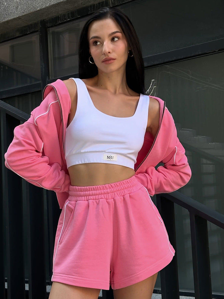 Damen nan athletischer Zweiteiler mit formendem Sportbustier, taillierter Highwaist-Sweatshorts und Zip-Hoodie EB