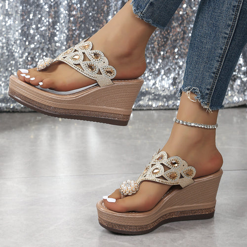 Damen Glamouröse Plateau-Sandalen mit funkelnden Perlen und Strassdetails EB