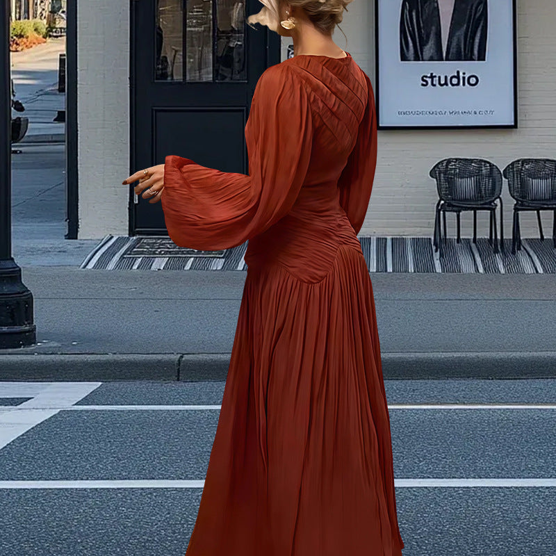 Damen Elegantes Plissiertes Maxikleid mit Raffungen und langen Ärmeln EB