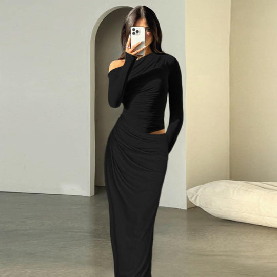 Damen elegantes Wickelkleid mit asymmetrischem Schnitt und langen Ärmeln EB