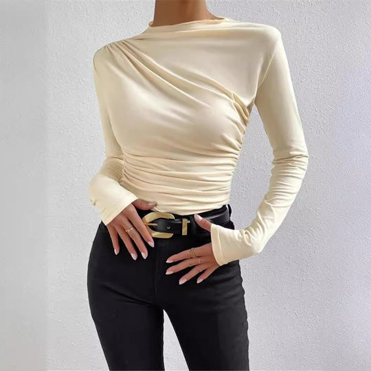 Damen nan figurbetontes Langarmshirt mit asymmetrischer Raffung am Vorderteil und U-Boot-Ausschnitt EB