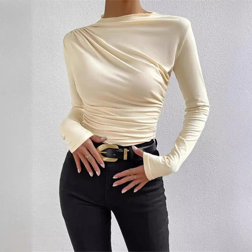 Damen nan figurbetontes Langarmshirt mit asymmetrischer Raffung am Vorderteil und U-Boot-Ausschnitt EB