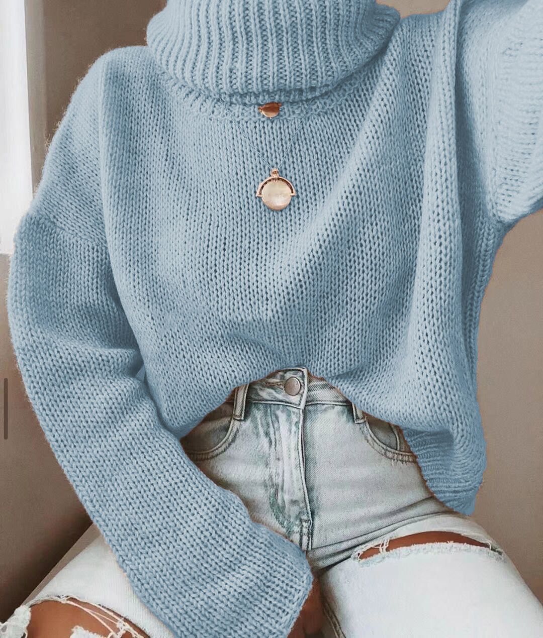 Damen Strickpullover mit hohem Kragen und lässigem Schnitt EB