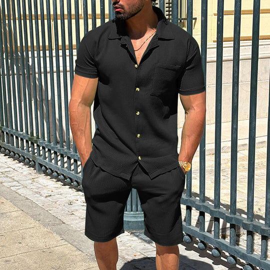 Herren nan lässiges zweiteiliges Freizeitset aus geripptem Jersey mit Hemdkragen Knopfleiste und Shorts EB