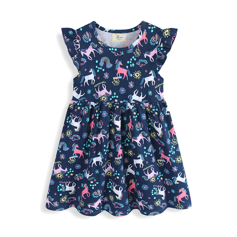 Mädchen Freizeitkleid mit süßen Einhorn- und Blumenmotiven EB