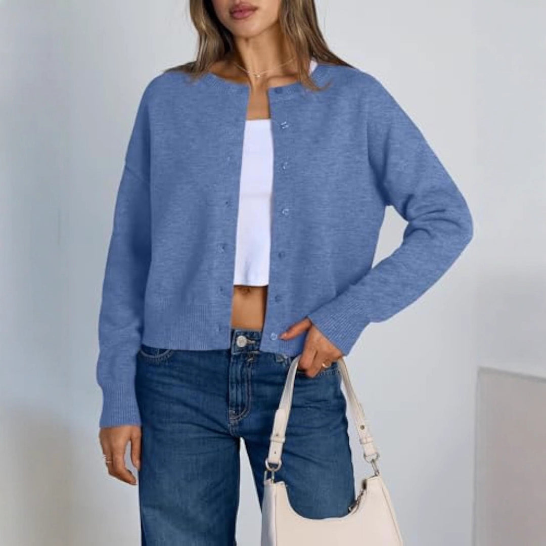 Damen Cropped Strickjacke im Boxy‑Schnitt mit Rundhals und Rippbündchen EB