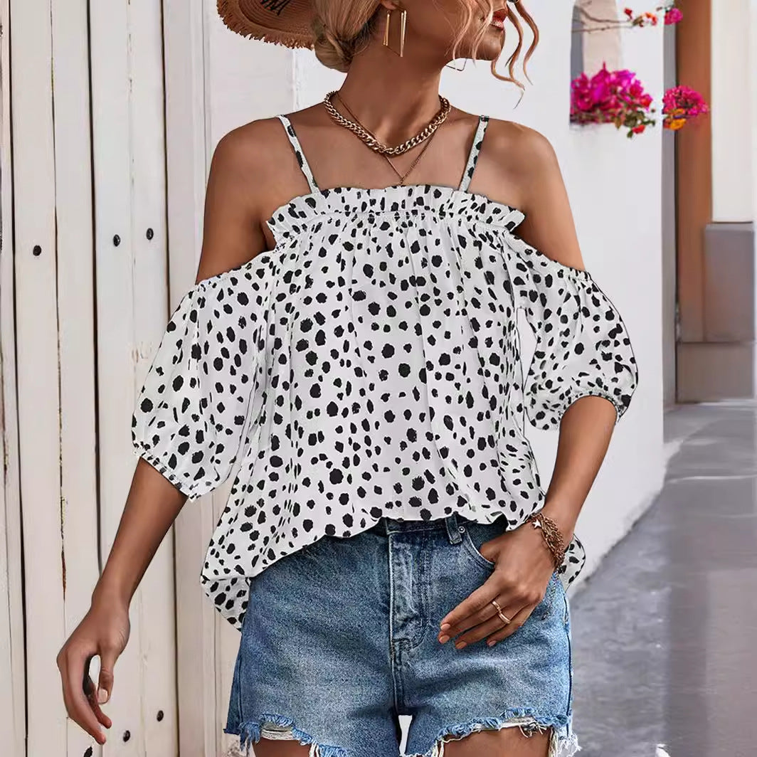 Damen Off-Shoulder Blusenshirt mit Rüschendetails und tierischem Print EB