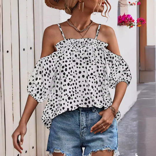 Damen Off-Shoulder Blusenshirt mit Rüschendetails und tierischem Print EB