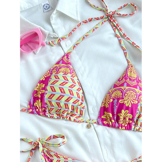 Damen Triangel-Bikini mit verspieltem Muster und verstellbaren Schnürdetails EB