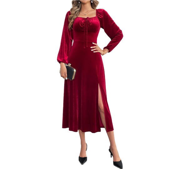 Damen elegantes Samt-Midikleid mit Binddetail am Bustier, taillierter Schnitt und seitlichem Oberschenkelschlitz Eichborn Berlin