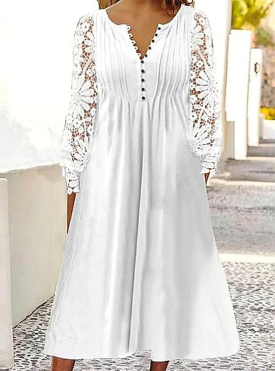 Damen Midikleid mit eleganter Lochspitzenärmel und Knopfleiste Heidi-Mode