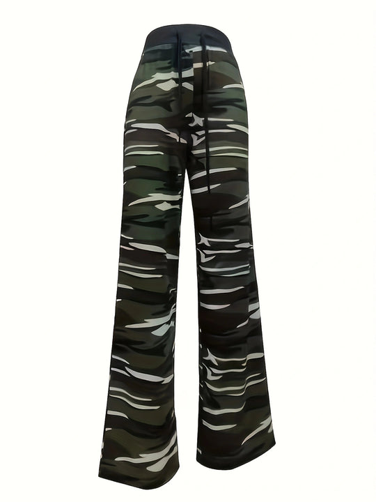 Damen Bequeme Freizeit-Hose mit Kordelzug und camouflagemuster EB