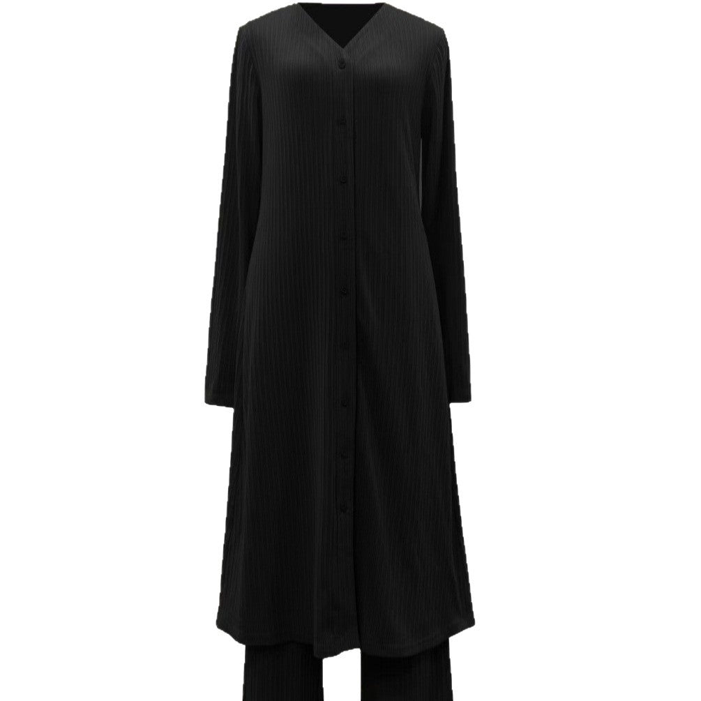 Damen Modestisches Knopf-Tunika-Set mit gerader Silhouette, langen Ärmeln und weitem Palazzo-Hosenbein EB