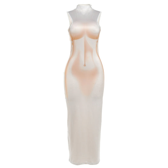 Damen Transparente Maxi-Robe mit hochgeschlossenem Kragen und figurbetontem Schnitt EB