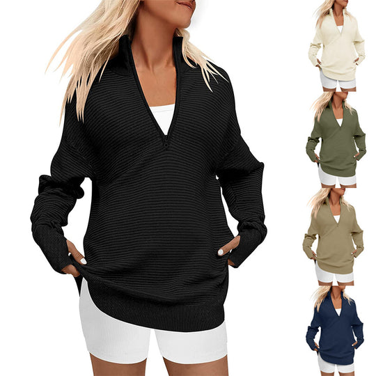 Damen Hochwertiger Reißverschluss Pullover mit strukturiertem Design EB