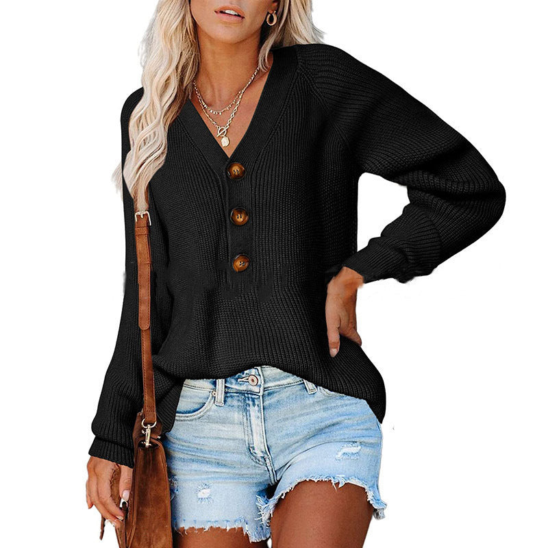 Damen Strickpullover mit V-Ausschnitt und Knopfdetails EB