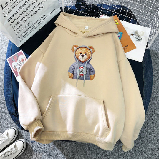 Unisex nan lässiger Oversize Kapuzenpullover mit Teddy-Frontprint, Kängurutasche und weichem Fleece-Innenfutter EB