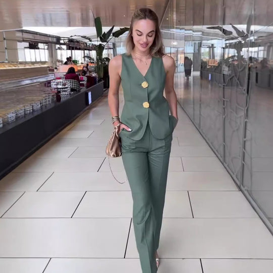 Damen Ärmelloses Tailoring-Set mit taillierter Weste, Zierknöpfen und weiter Palazzo-Hose EB