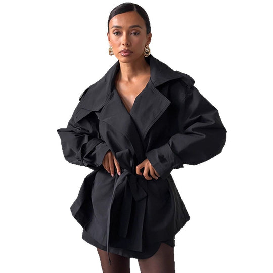Damen Modische Kurztrenchjacke mit Taillenknoten und großzügigen Taschen EB
