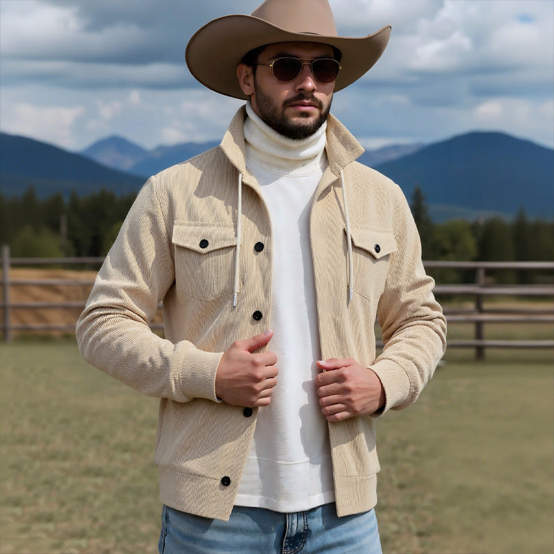 Herren nan gerippte Cord-Überhemdjacke mit Kapuze, Brustklappen und durchgehender Knopfleiste EB
