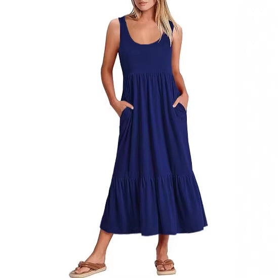 Damen Maxikleid mit fließendem Rock und praktischen Taschen EB